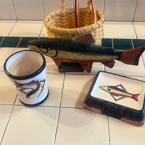 Cabin/ Trout bathroom decoration. Soap dish, toothbrush holder, & trout figure
